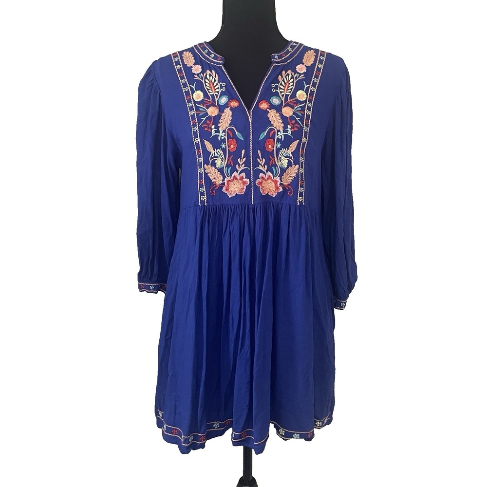 SOLITAIRE Sz S Royal Blue Embroidered Floral Bohemian Festival Mini Dress